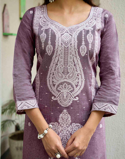 Dusty Mauve Pure Cotton Woven Straight Kurta Set With Dupatta