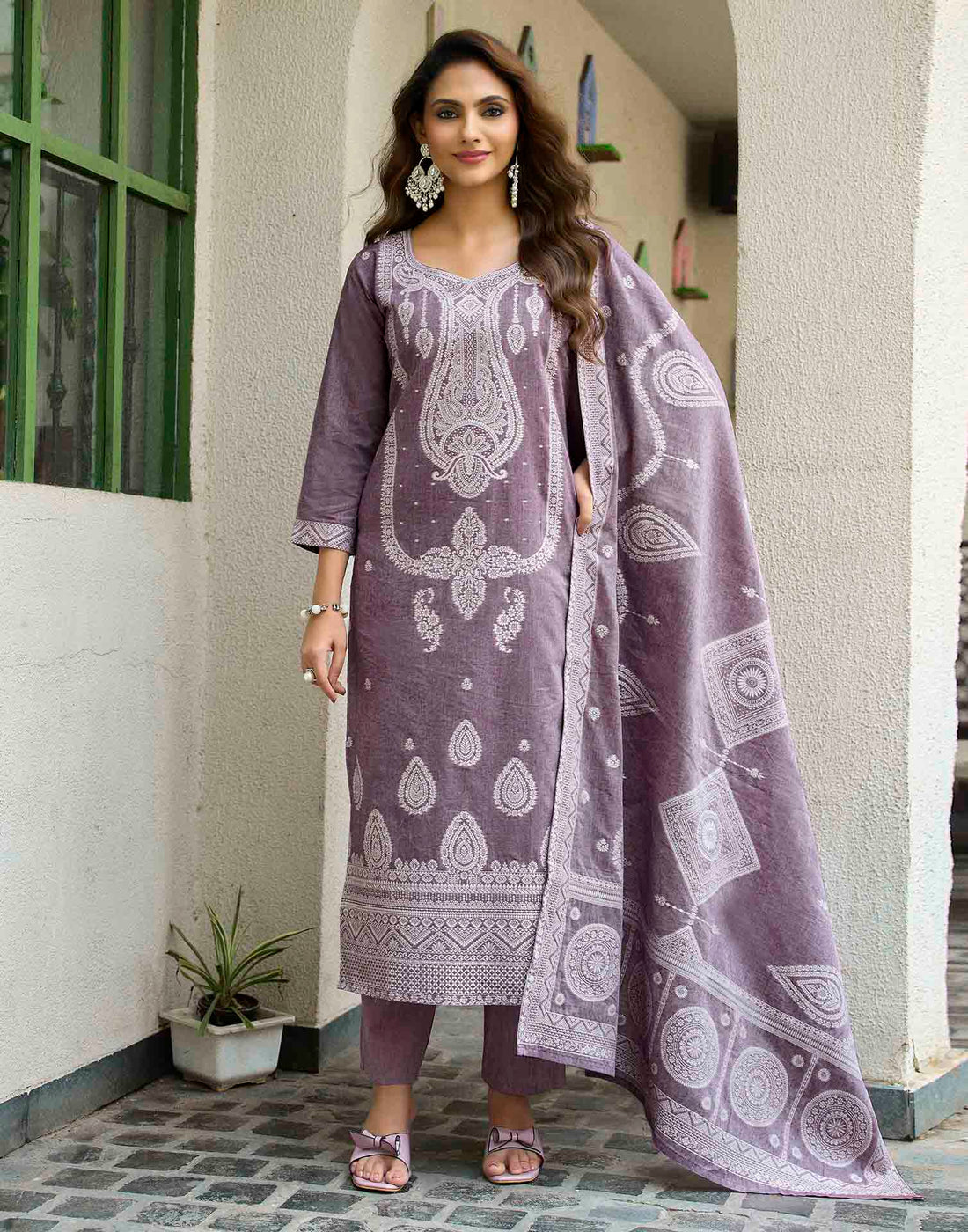 Dusty Mauve Pure Cotton Woven Straight Kurta Set With Dupatta