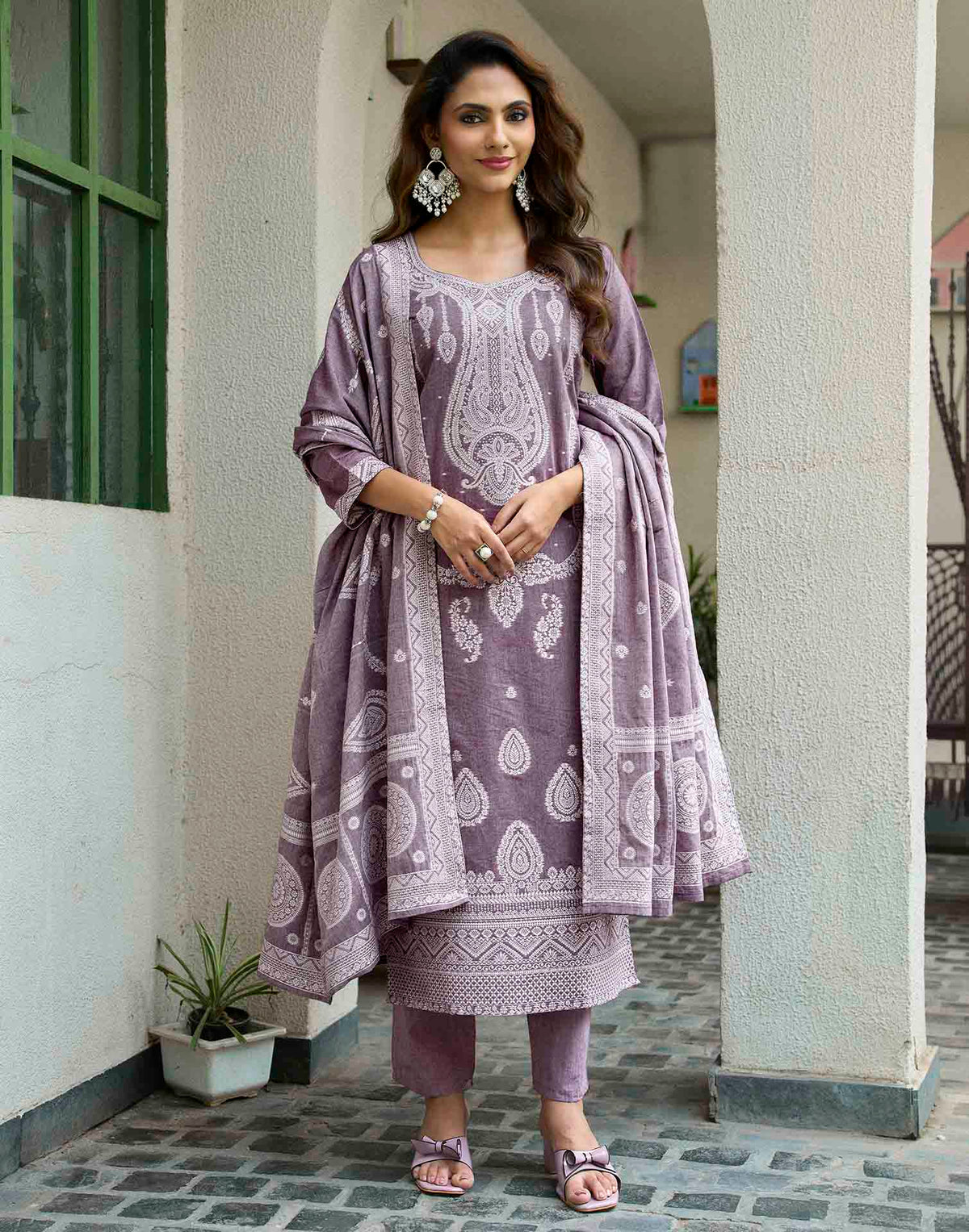 Dusty Mauve Pure Cotton Woven Straight Kurta Set With Dupatta
