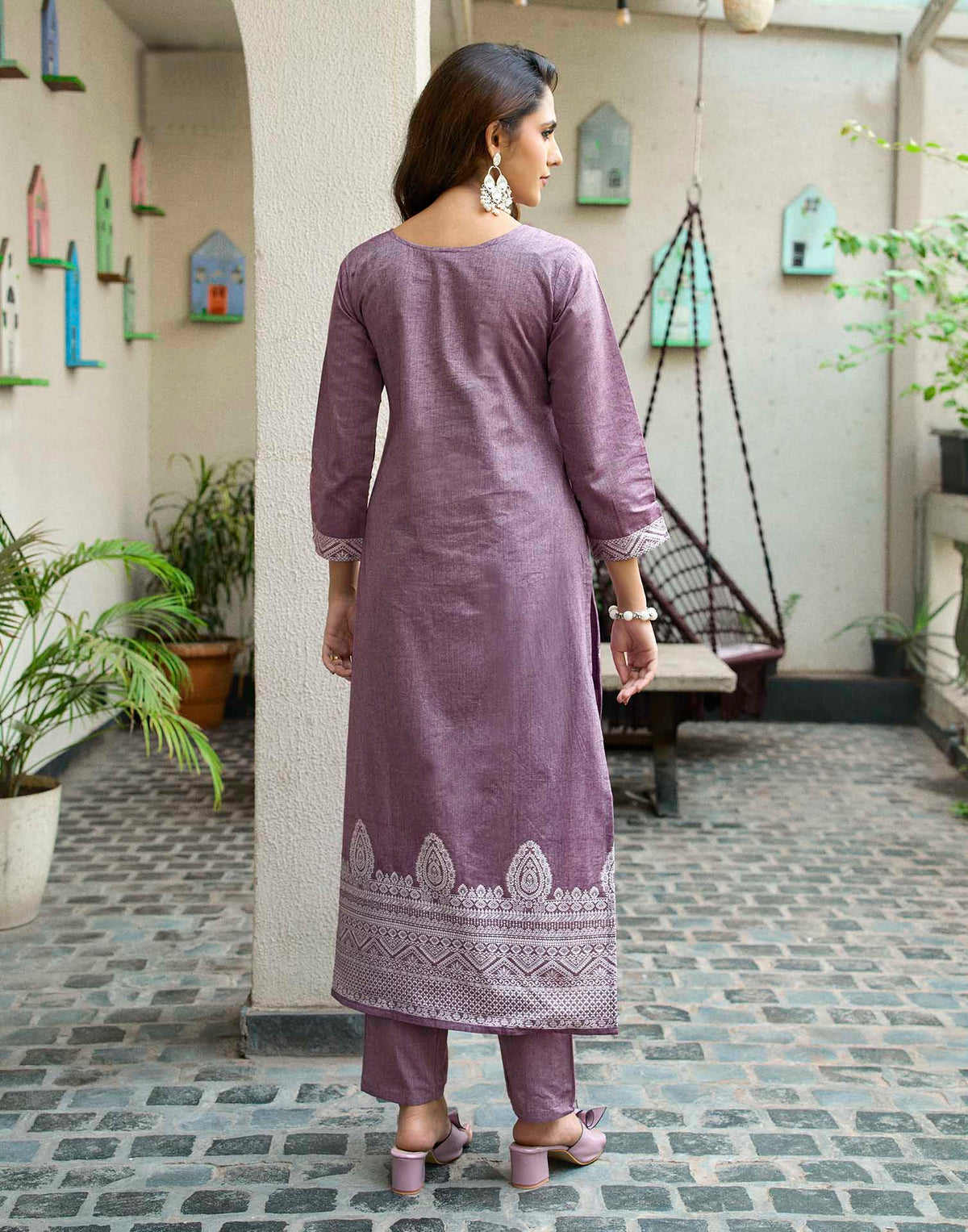 Dusty Mauve Pure Cotton Woven Straight Kurta Set With Dupatta