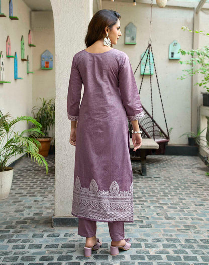 Dusty Mauve Pure Cotton Woven Straight Kurta Set With Dupatta