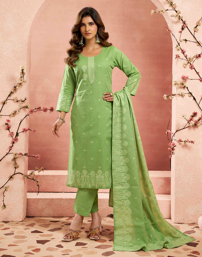 Parrot Green Pure Cotton Woven Straight Kurta Set With Dupatta