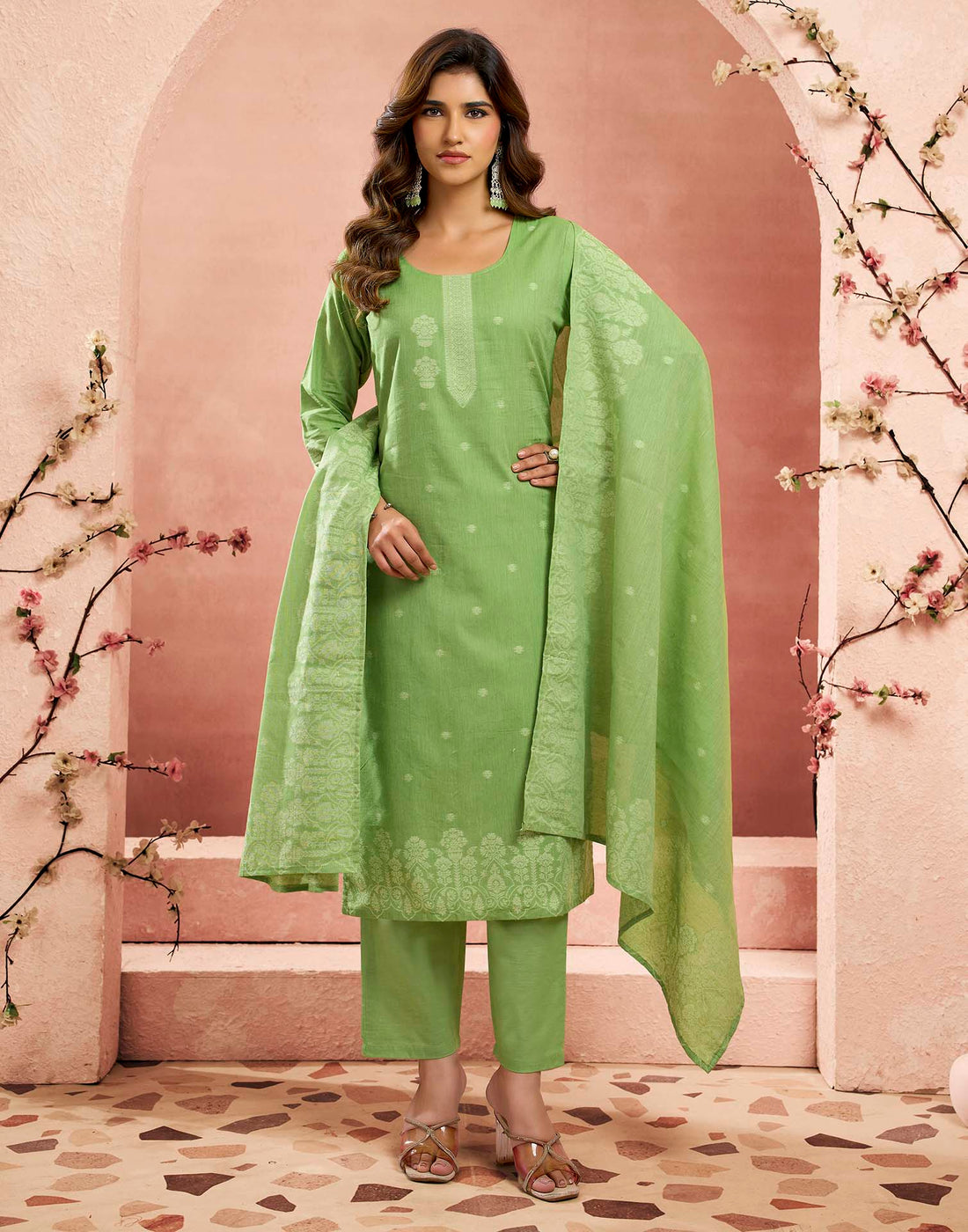 Parrot Green Pure Cotton Woven Straight Kurta Set With Dupatta
