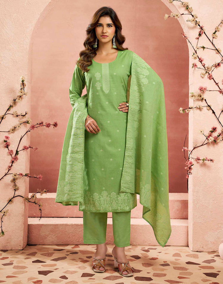 Parrot Green Pure Cotton Woven Straight Kurta Set With Dupatta