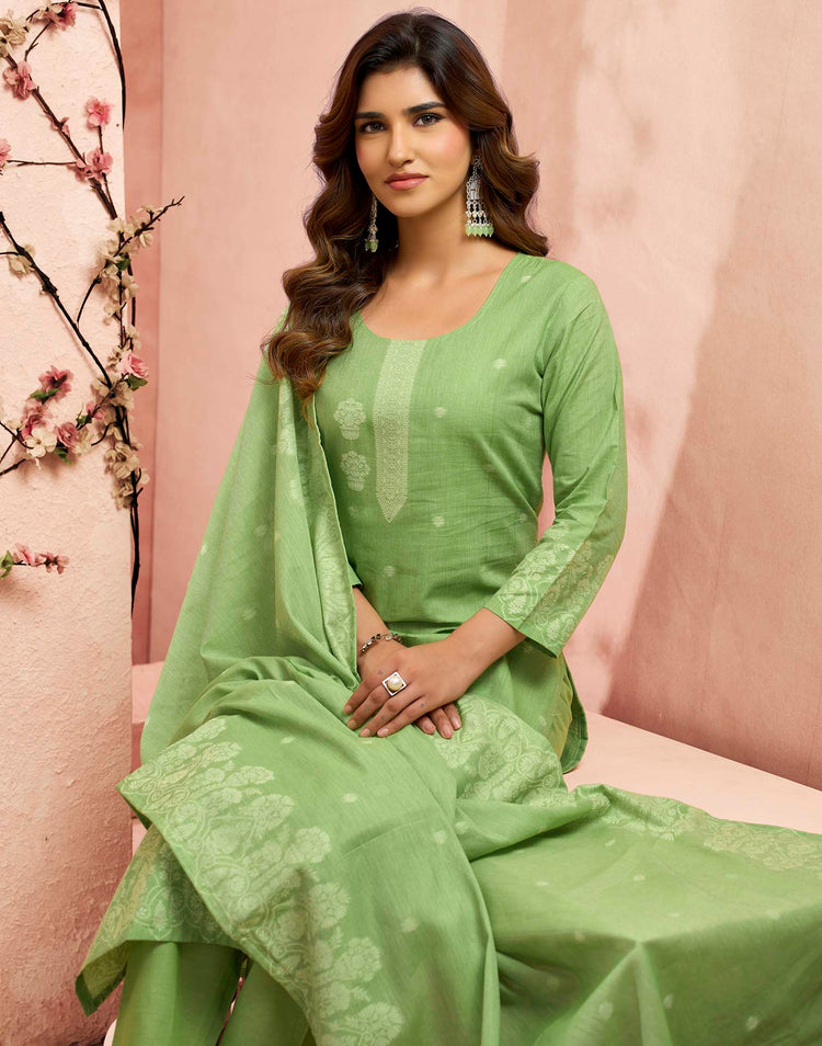 Parrot Green Pure Cotton Woven Straight Kurta Set With Dupatta