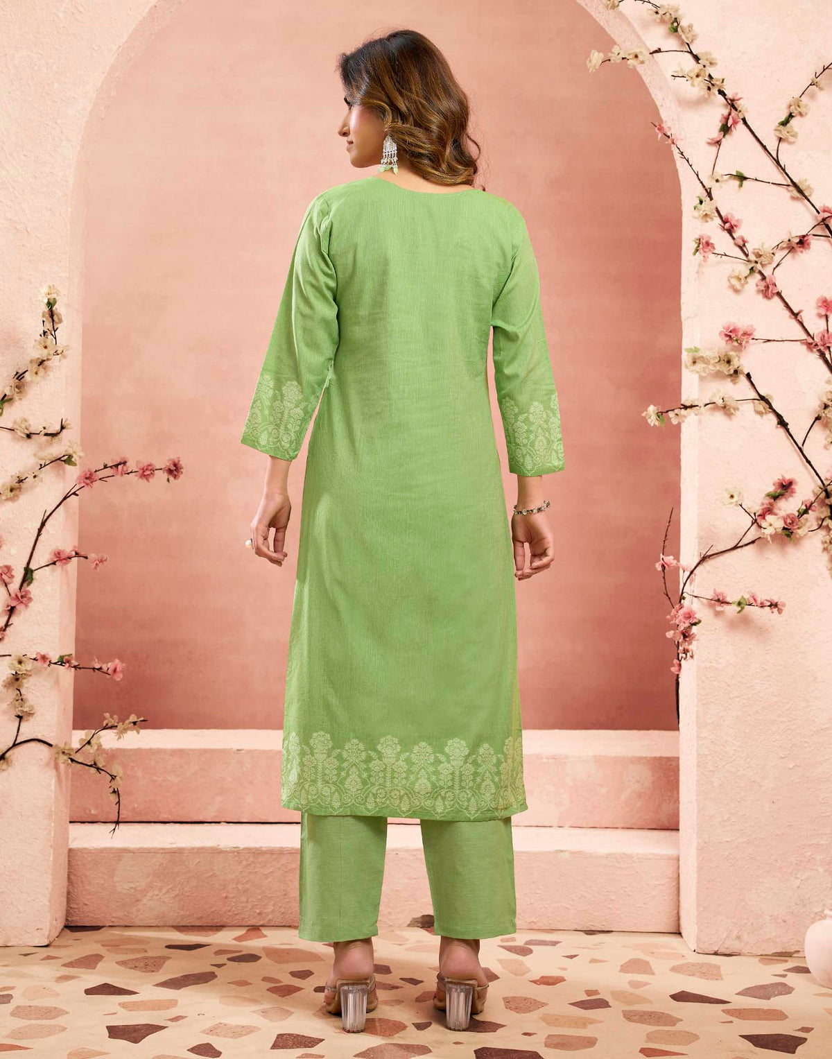 Parrot Green Pure Cotton Woven Straight Kurta Set With Dupatta