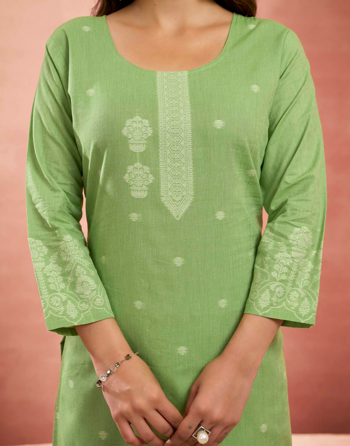Parrot Green Pure Cotton Woven Straight Kurta Set With Dupatta