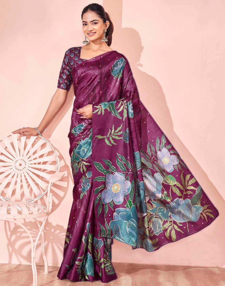 Ready To Wear Dark Magenta Silk Foil Printed Saree