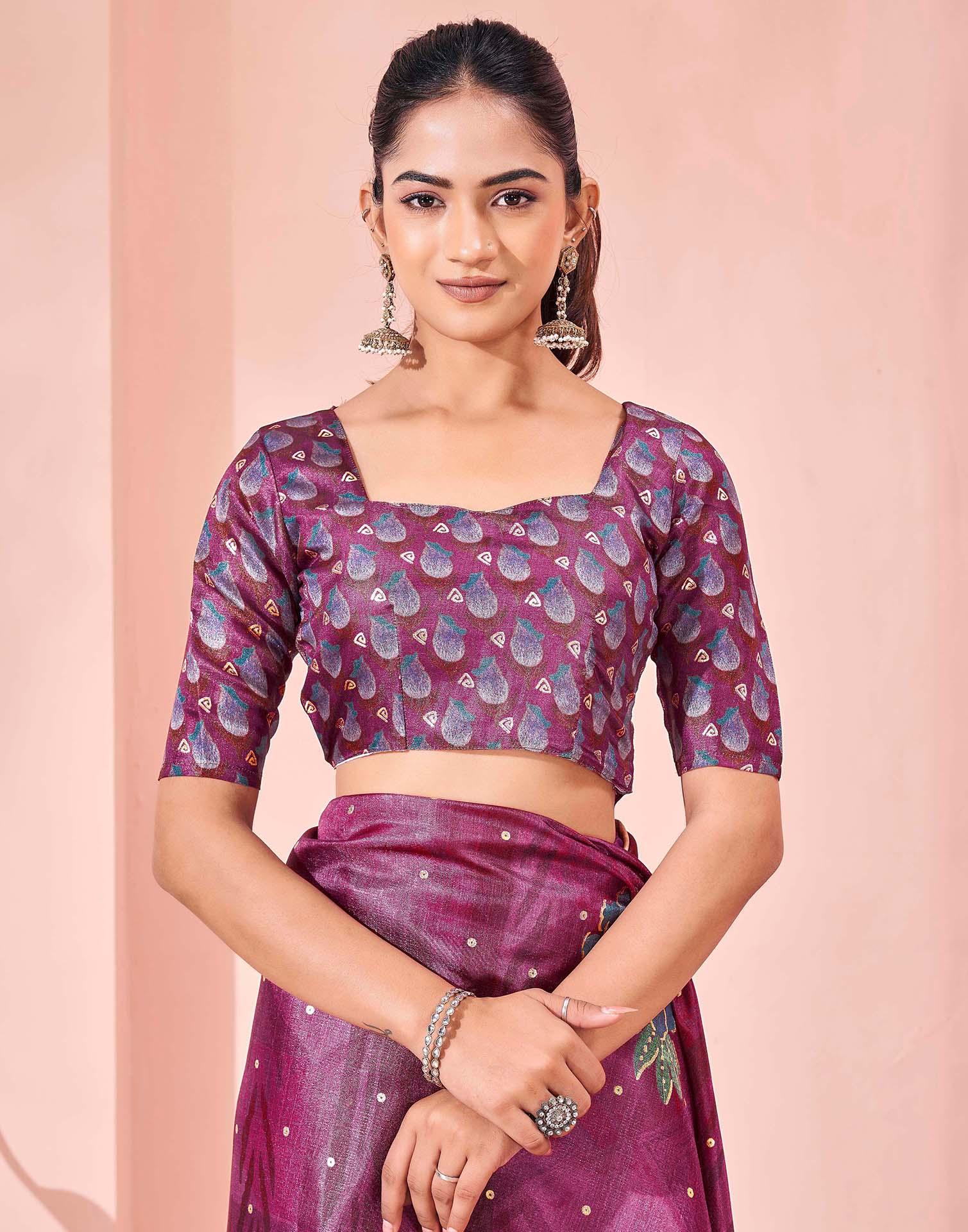 Ready To Wear Dark Magenta Silk Foil Printed Saree