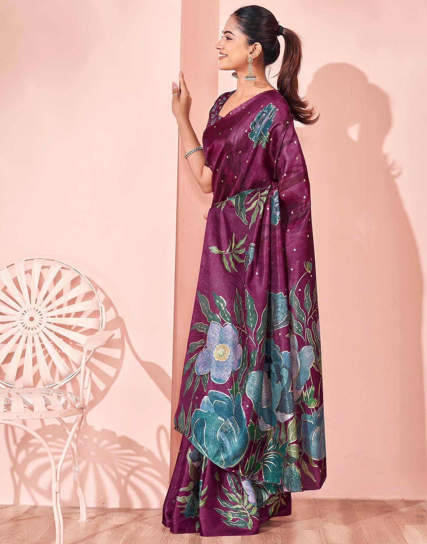 Ready To Wear Dark Magenta Silk Foil Printed Saree