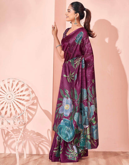 Ready To Wear Dark Magenta Silk Foil Printed Saree