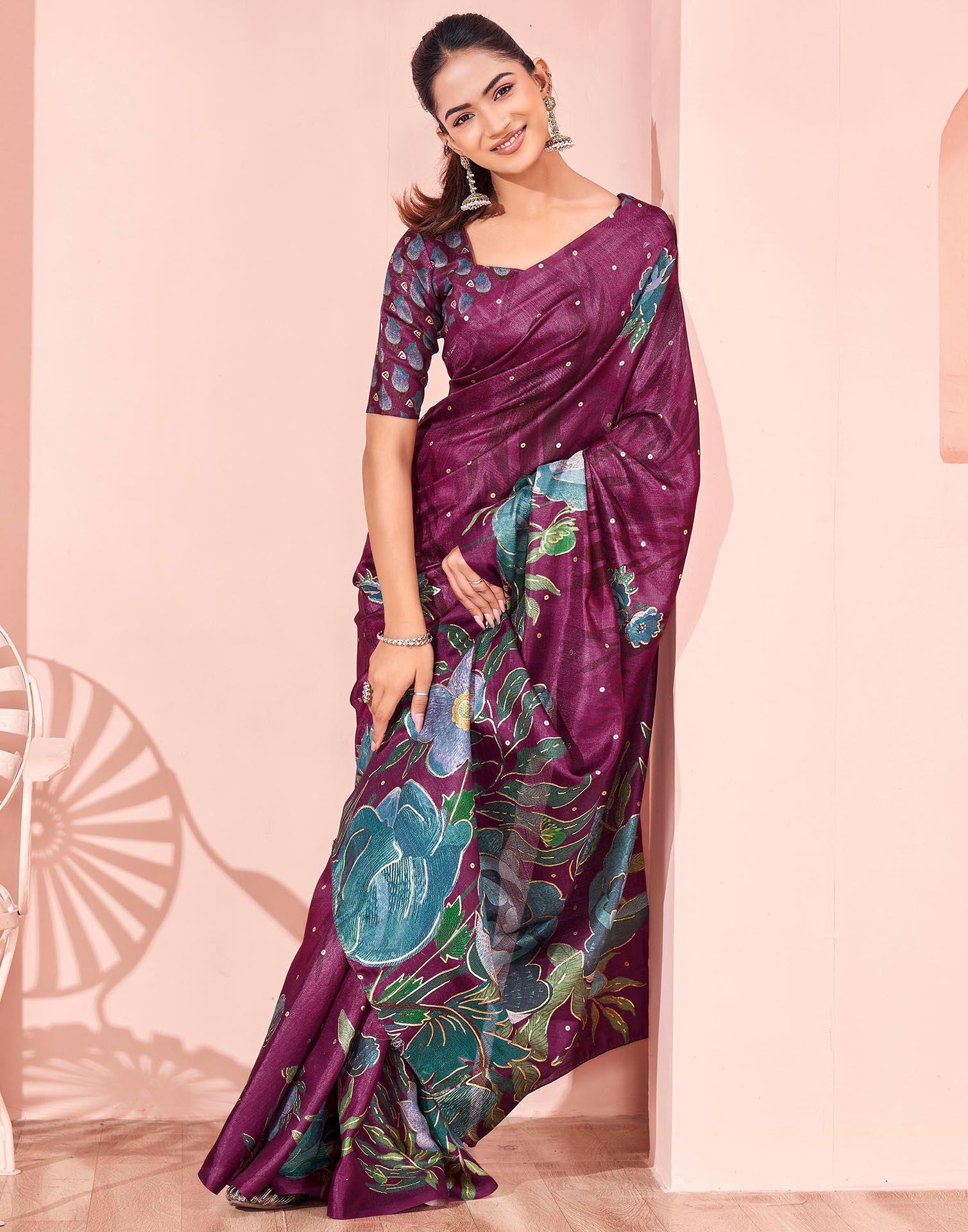 Ready To Wear Dark Magenta Silk Foil Printed Saree