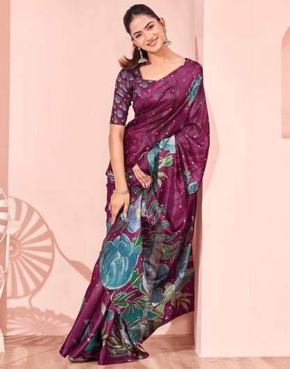 Ready To Wear Dark Magenta Silk Foil Printed Saree