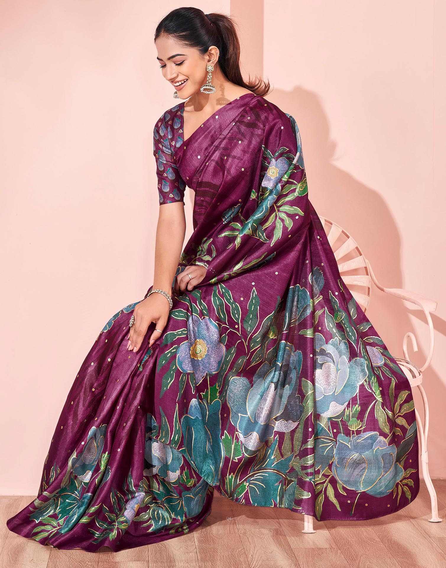 Ready To Wear Dark Magenta Silk Foil Printed Saree