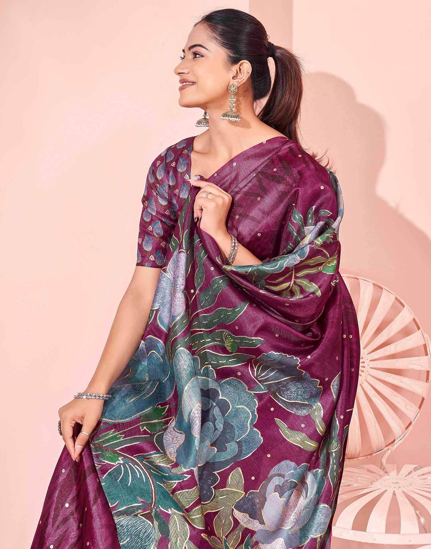 Ready To Wear Dark Magenta Silk Foil Printed Saree