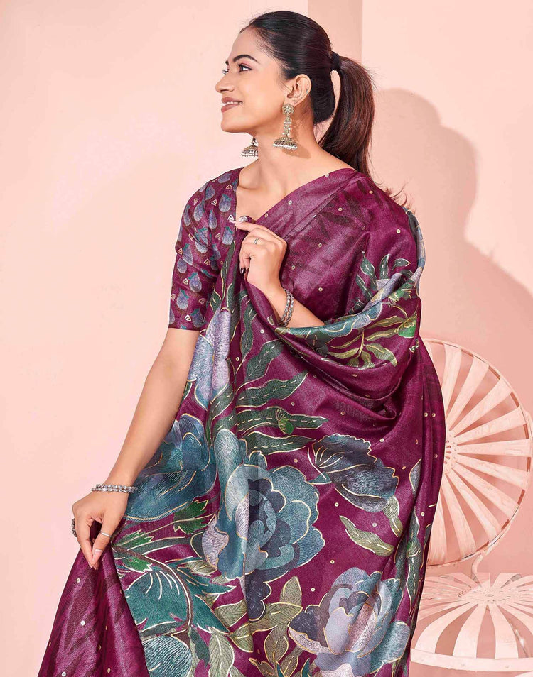 Ready To Wear Dark Magenta Silk Foil Printed Saree
