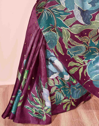 Ready To Wear Dark Magenta Silk Foil Printed Saree