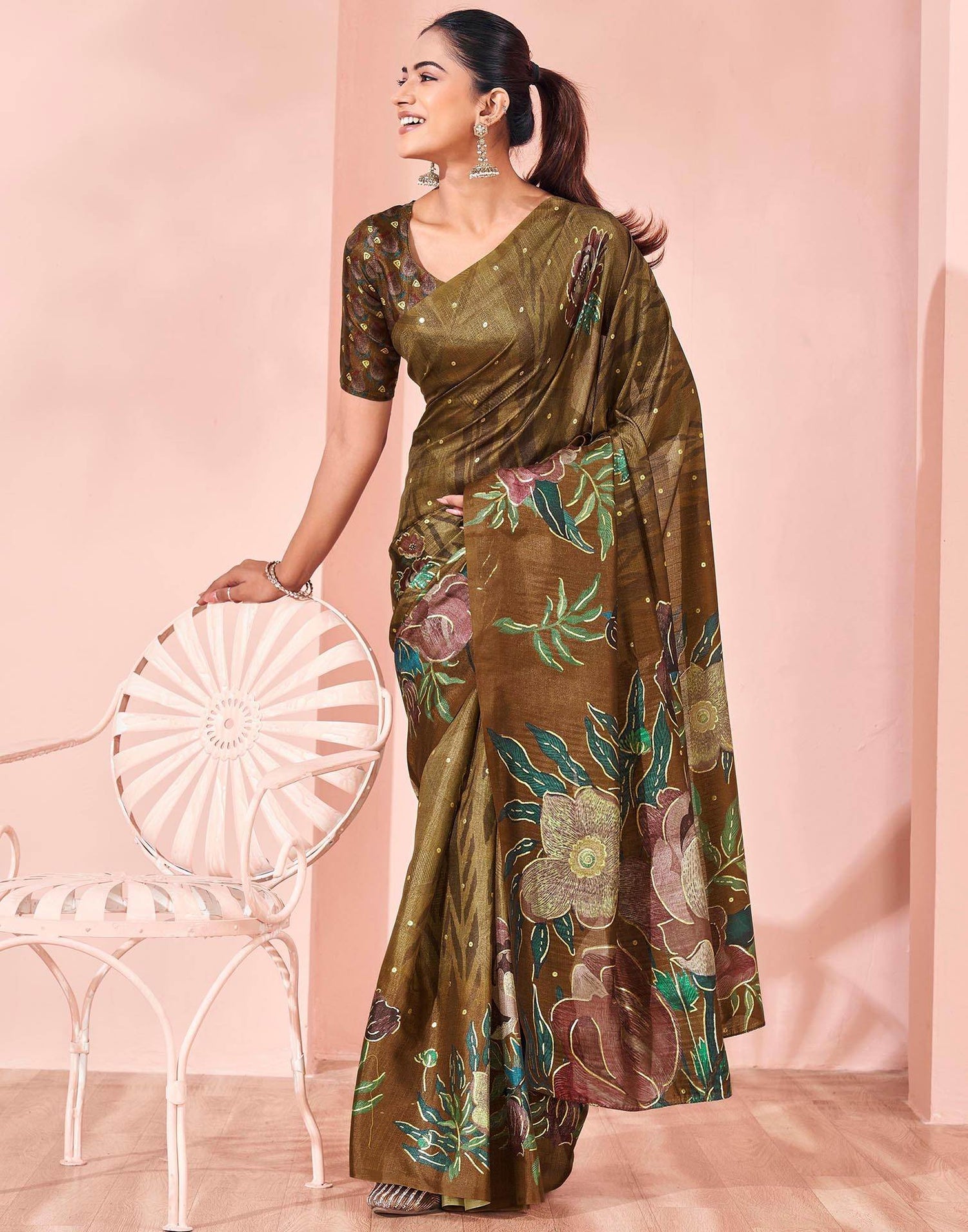Ready To Wear Olive Green Silk Foil Printed Saree