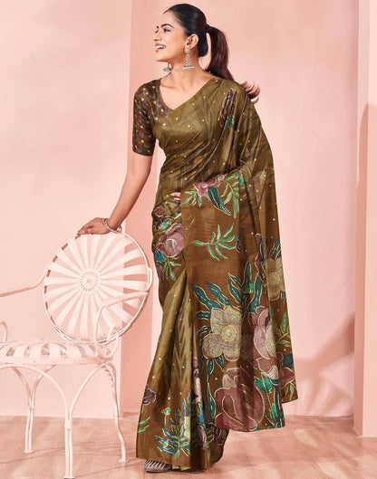 Ready To Wear Olive Green Silk Foil Printed Saree