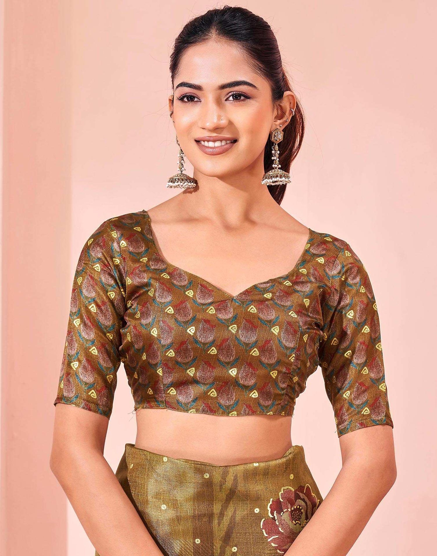 Ready To Wear Olive Green Silk Foil Printed Saree
