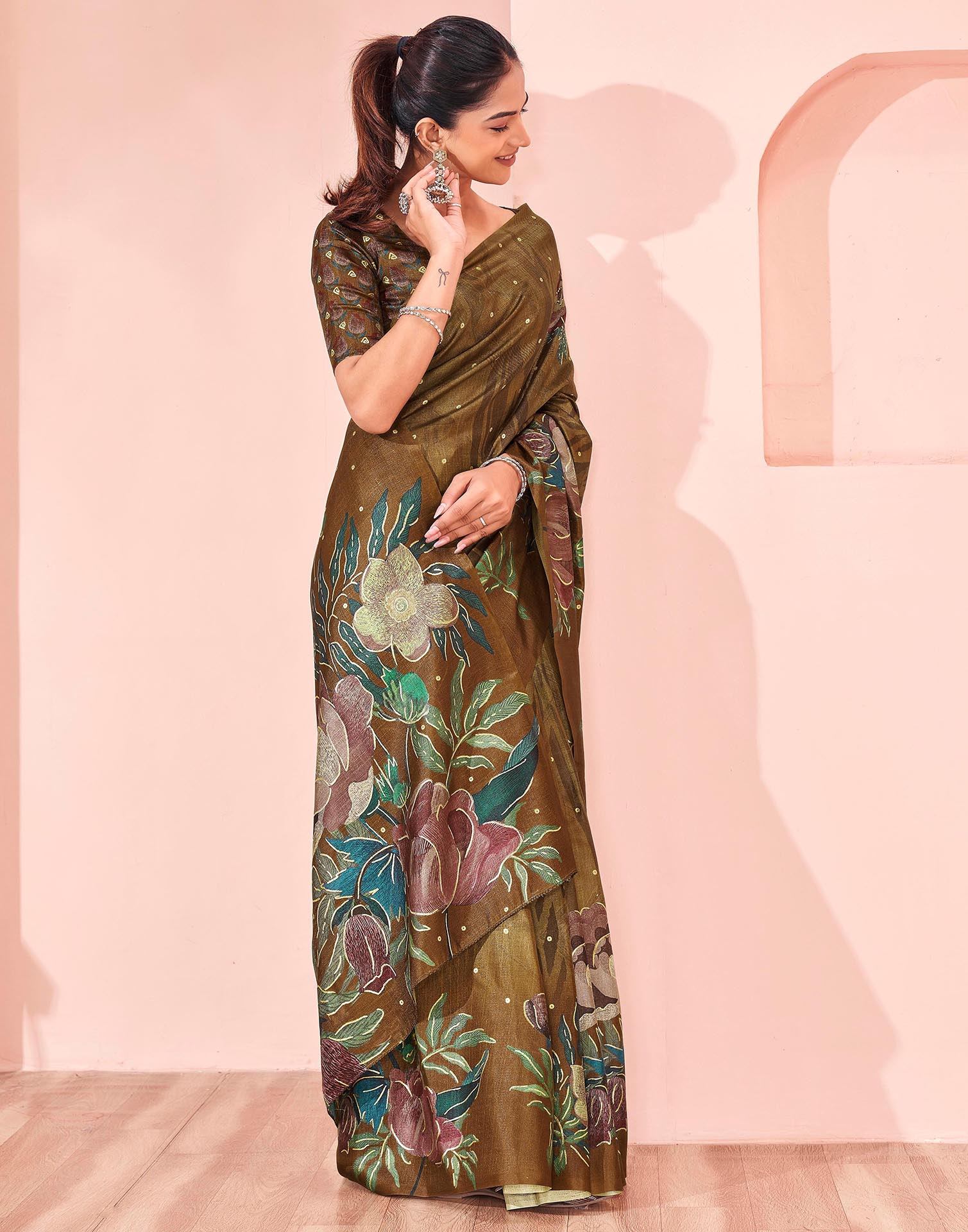 Ready To Wear Olive Green Silk Foil Printed Saree