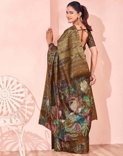 Ready To Wear Olive Green Silk Foil Printed Saree