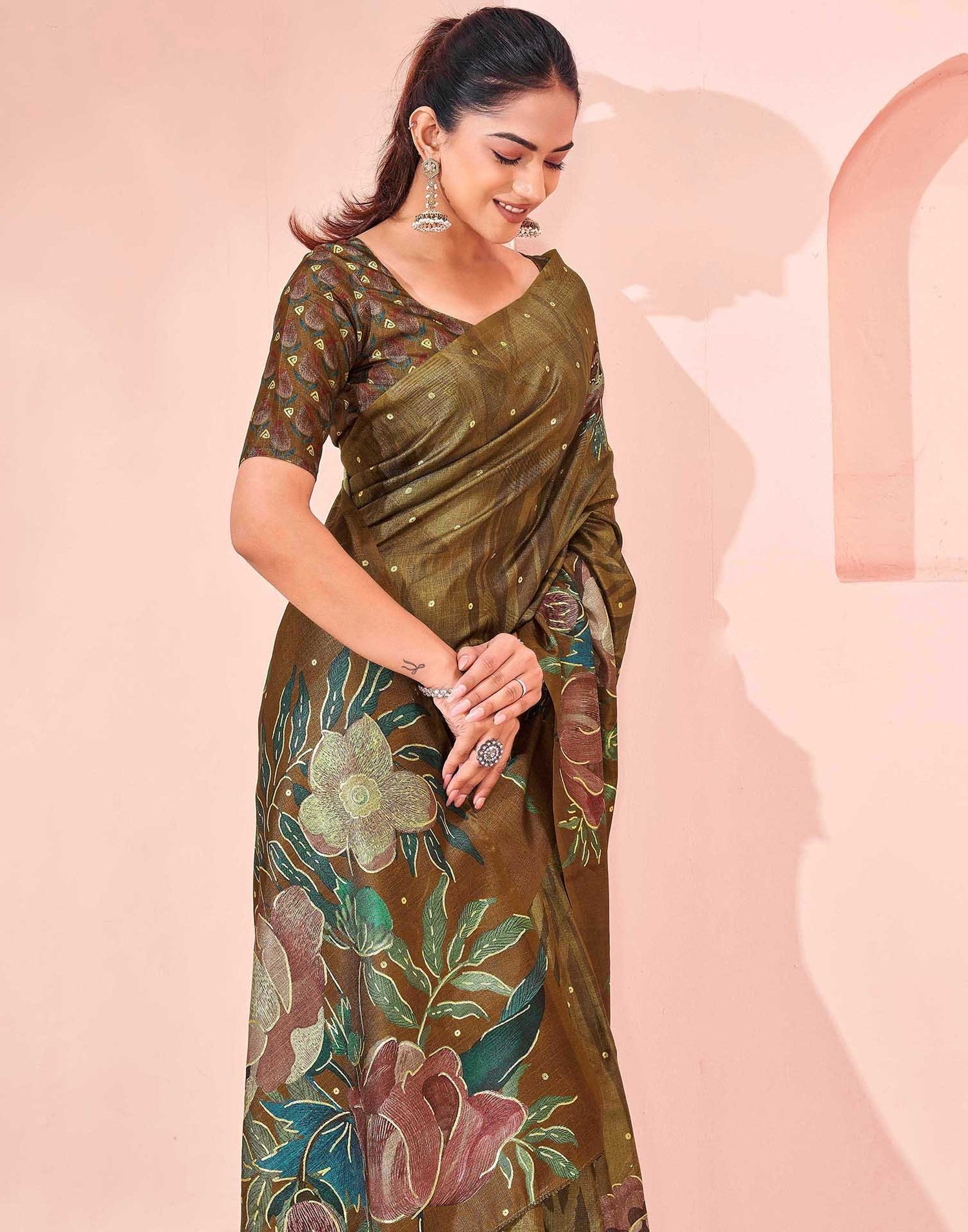 Ready To Wear Olive Green Silk Foil Printed Saree