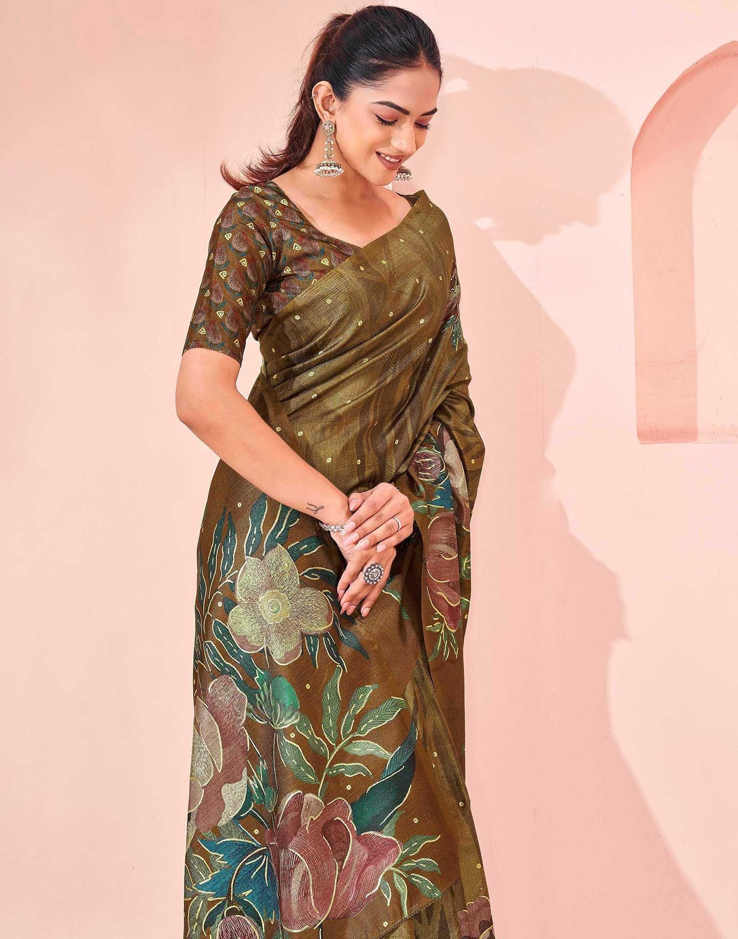 Ready To Wear Olive Green Silk Foil Printed Saree