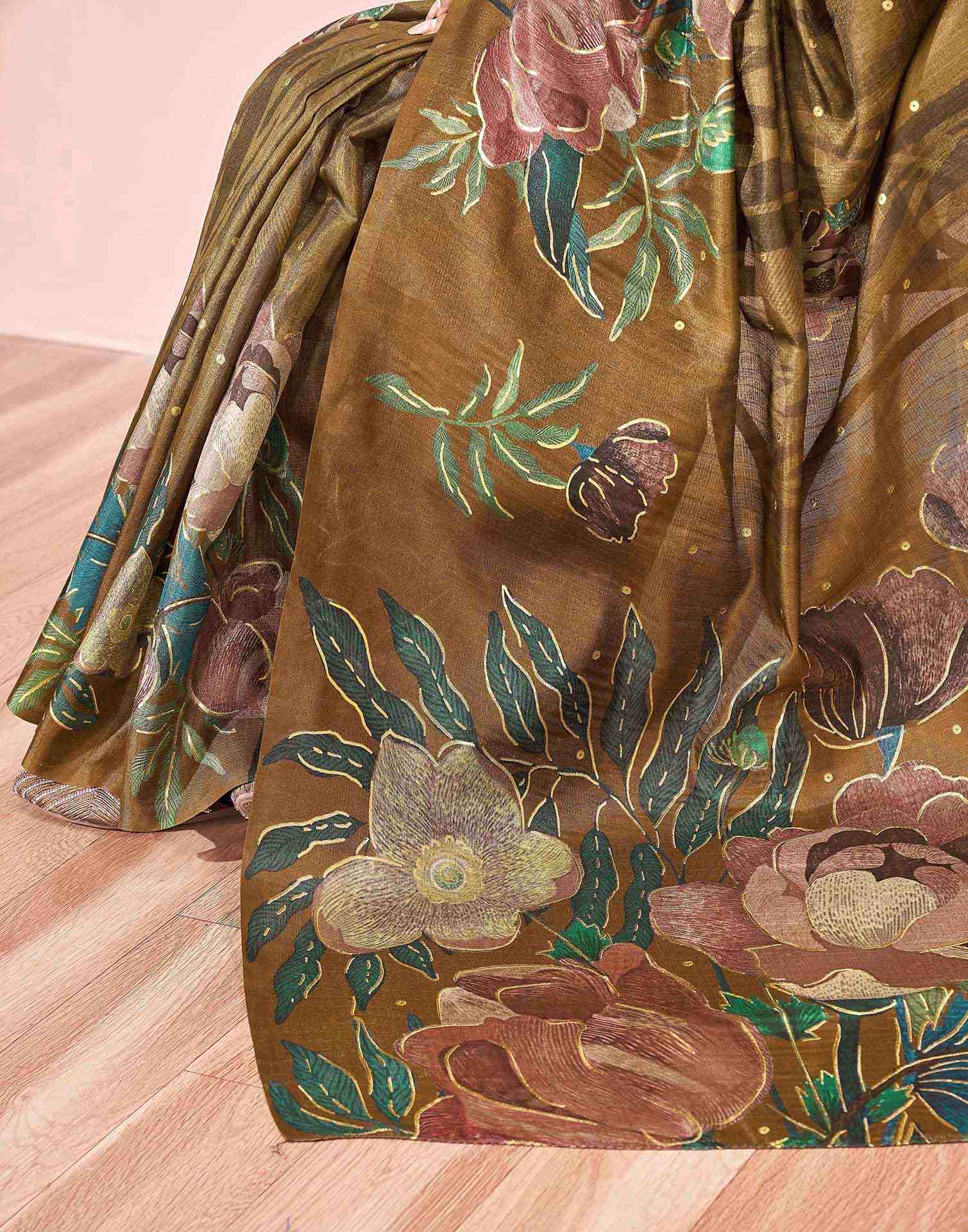 Ready To Wear Olive Green Silk Foil Printed Saree