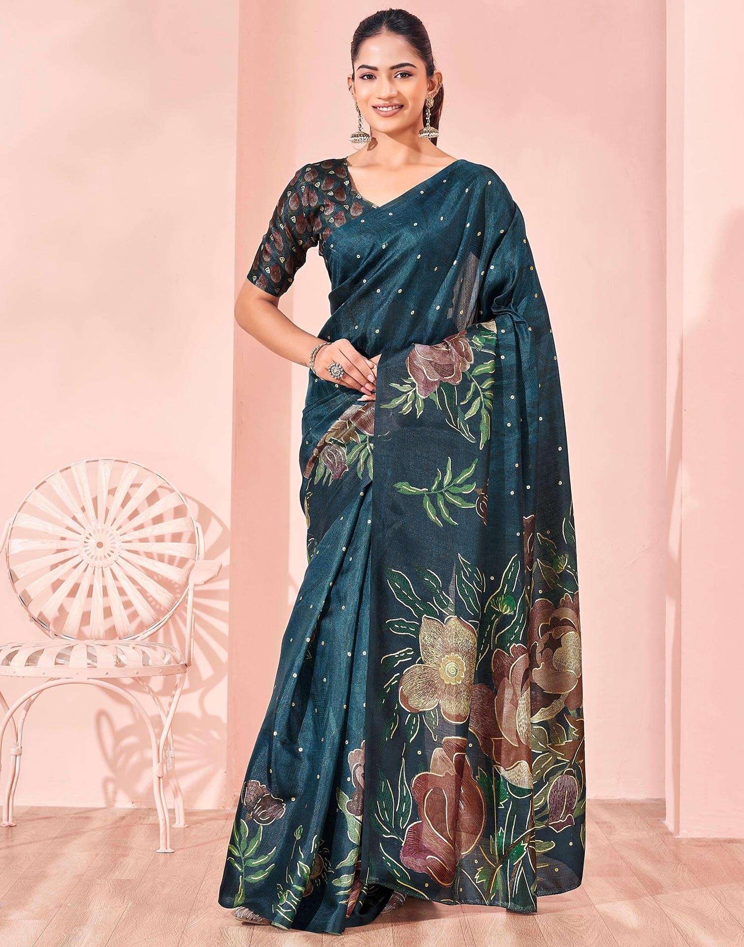 Ready To Wear Dark Peacock Blue Silk Foil Printed Saree