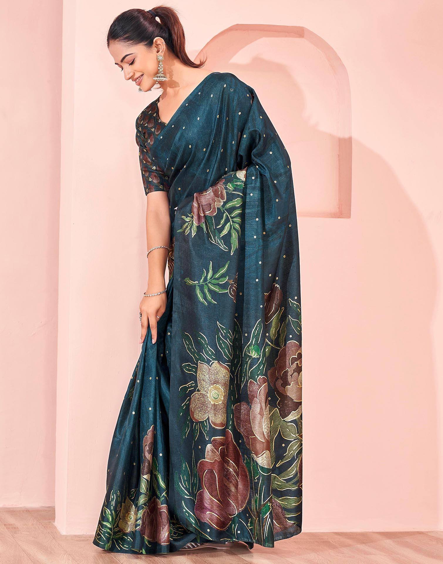 Ready To Wear Dark Peacock Blue Silk Foil Printed Saree
