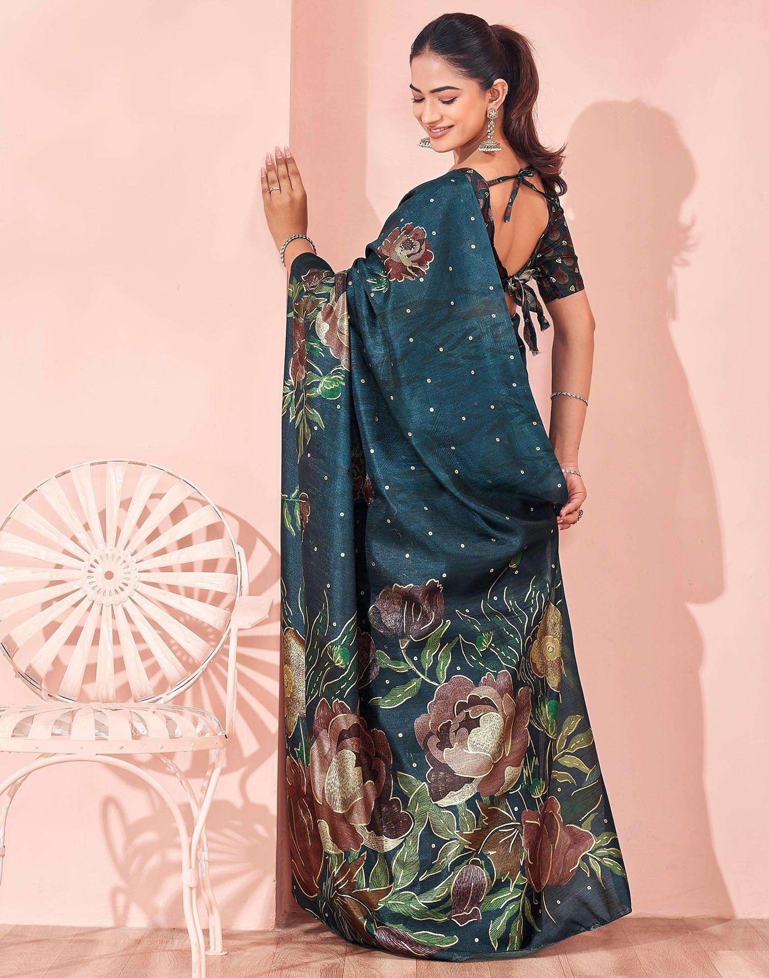 Ready To Wear Dark Peacock Blue Silk Foil Printed Saree