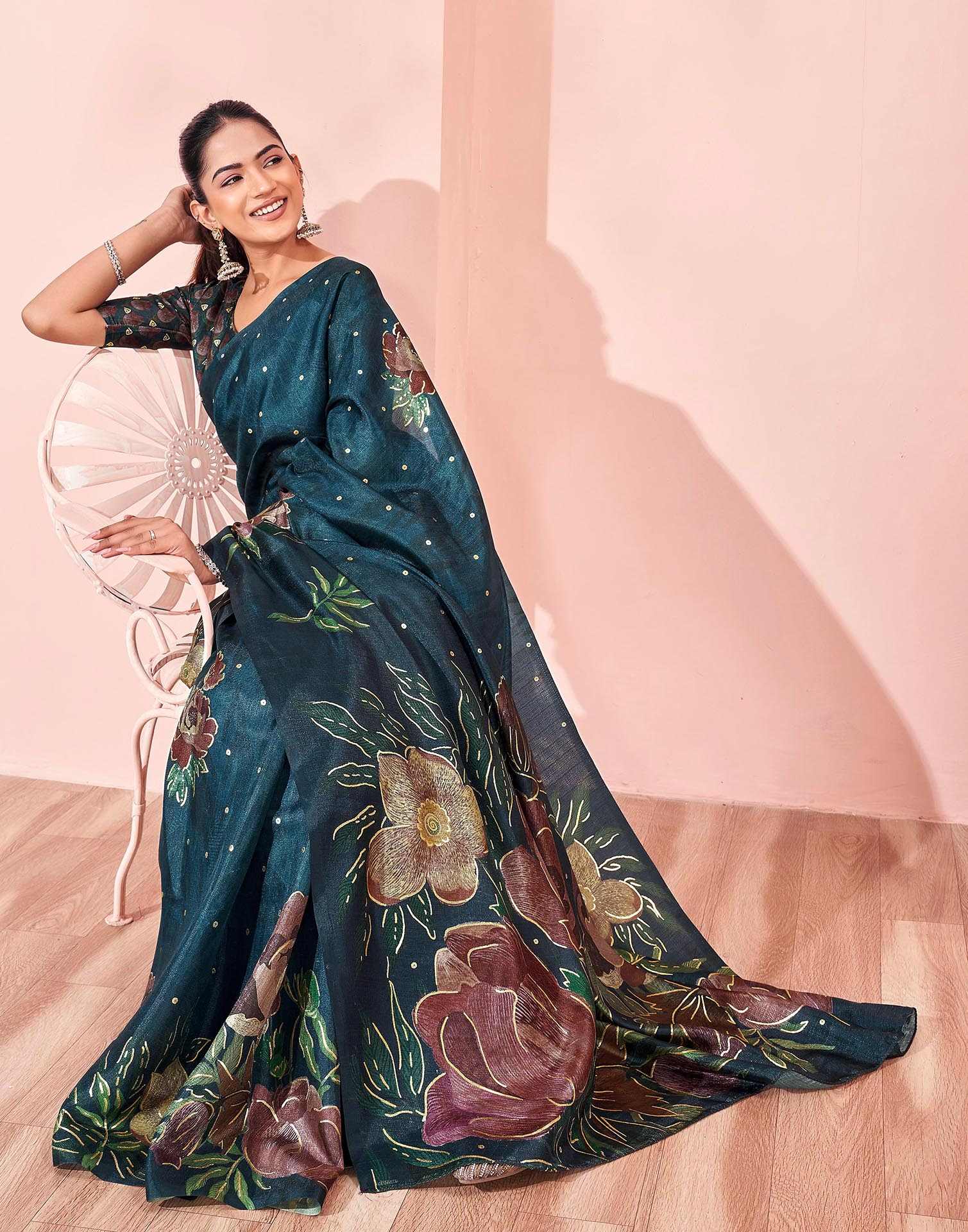 Ready To Wear Dark Peacock Blue Silk Foil Printed Saree
