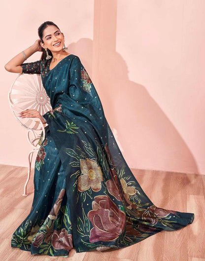 Ready To Wear Dark Peacock Blue Silk Foil Printed Saree