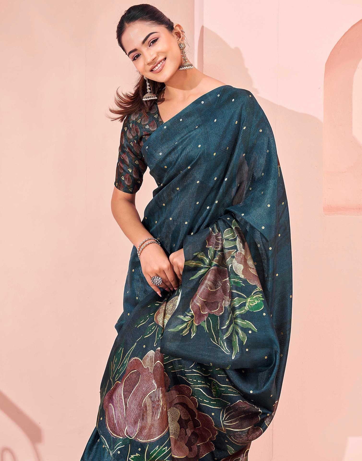 Ready To Wear Dark Peacock Blue Silk Foil Printed Saree
