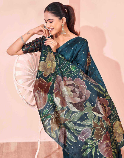 Ready To Wear Dark Peacock Blue Silk Foil Printed Saree