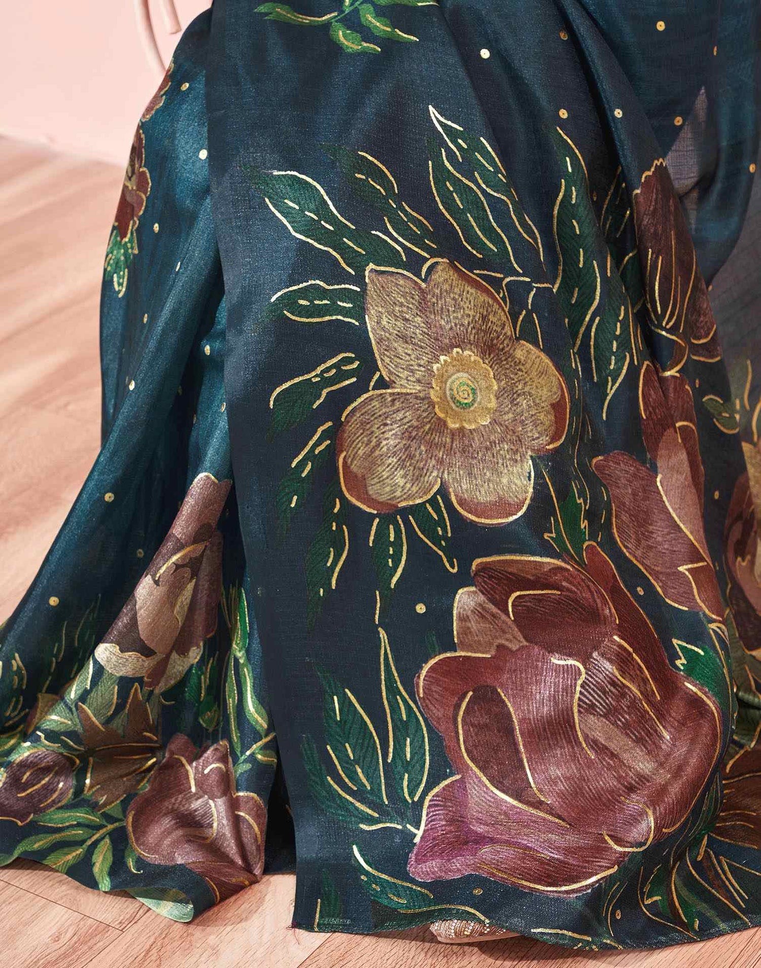 Ready To Wear Dark Peacock Blue Silk Foil Printed Saree