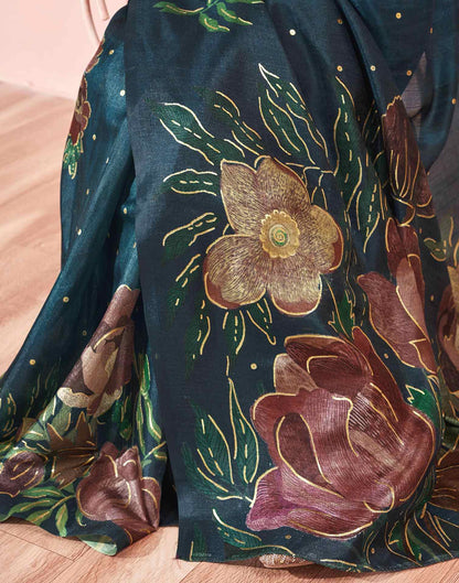 Ready To Wear Dark Peacock Blue Silk Foil Printed Saree
