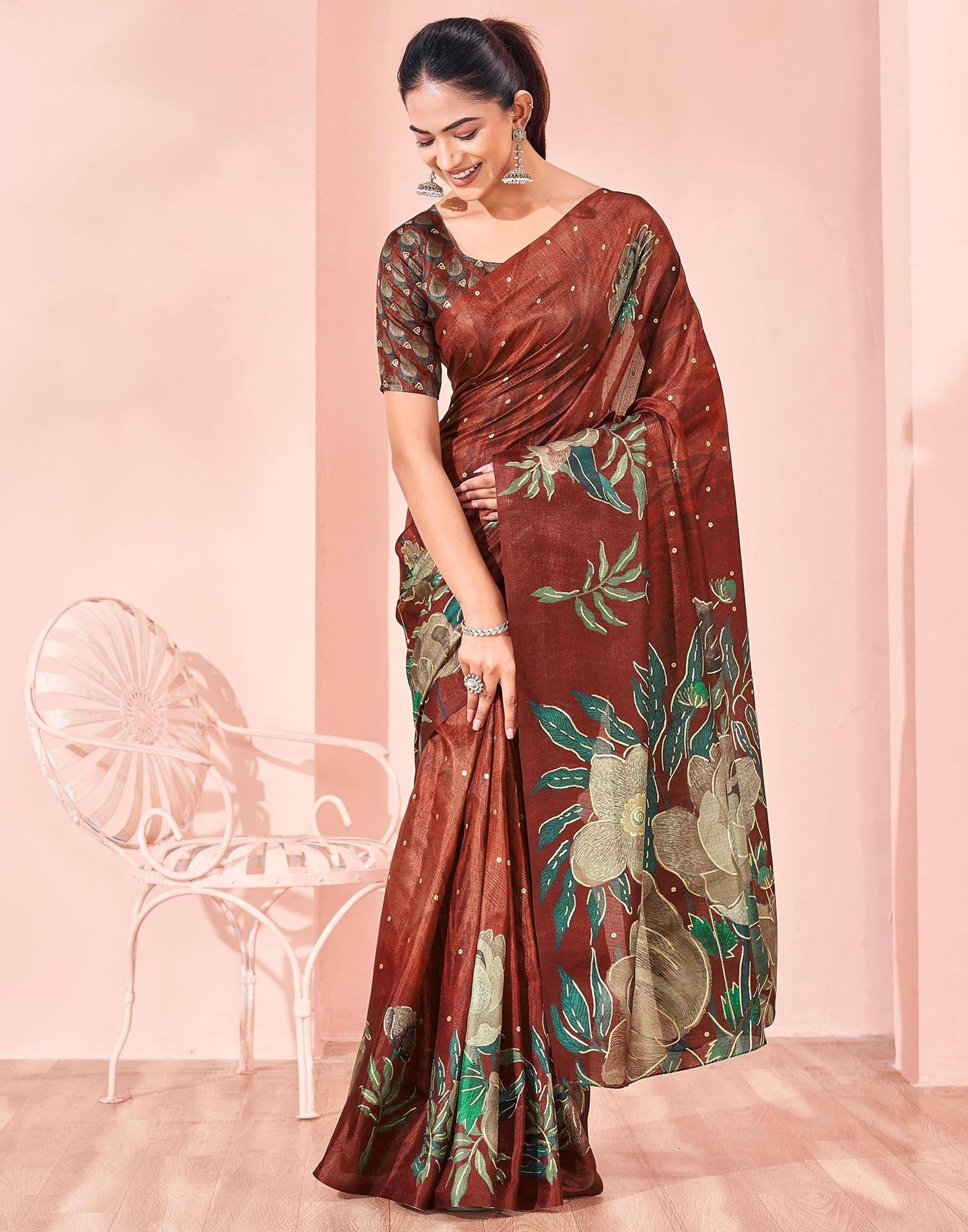 Ready To Wear Maroon Silk Foil Printed Saree