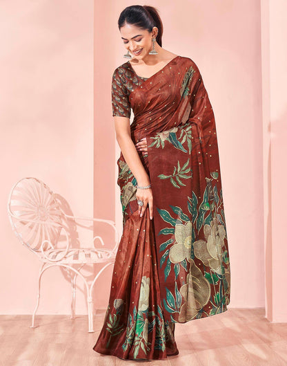 Ready To Wear Maroon Silk Foil Printed Saree