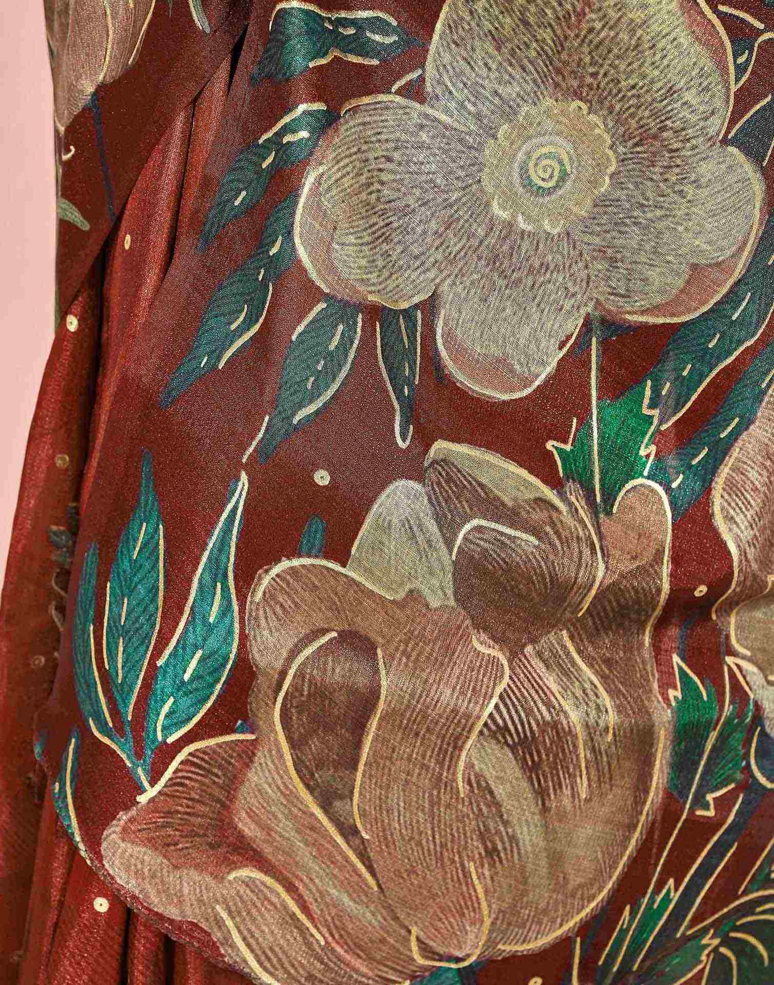 Ready To Wear Maroon Silk Foil Printed Saree