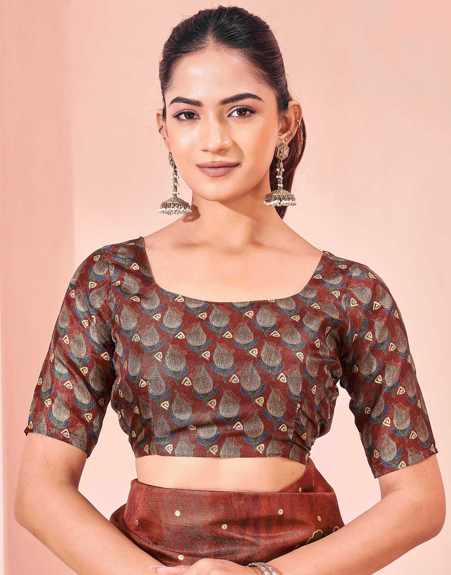 Ready To Wear Maroon Silk Foil Printed Saree