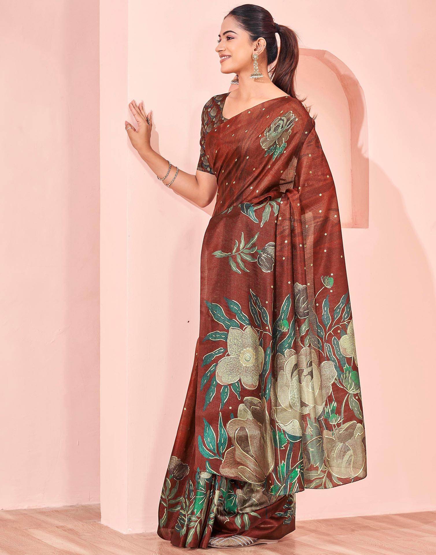 Ready To Wear Maroon Silk Foil Printed Saree