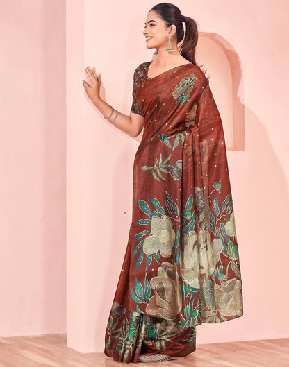 Ready To Wear Maroon Silk Foil Printed Saree