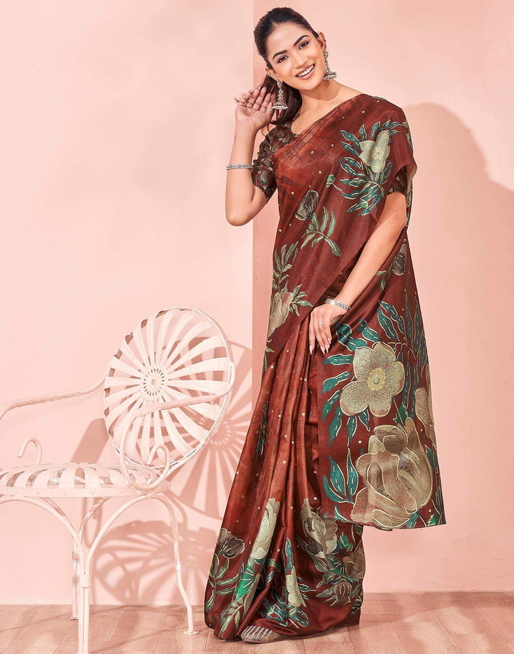 Ready To Wear Maroon Silk Foil Printed Saree