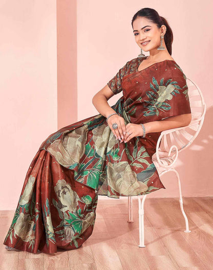 Ready To Wear Maroon Silk Foil Printed Saree