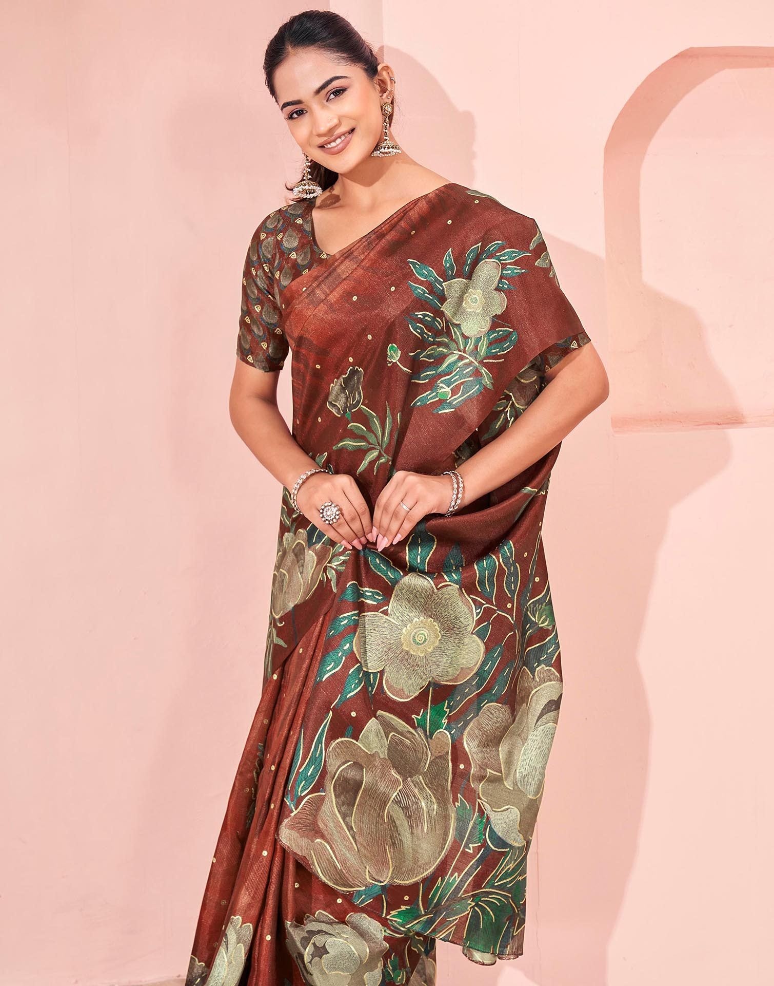 Ready To Wear Maroon Silk Foil Printed Saree