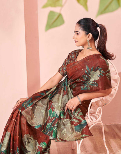 Ready To Wear Maroon Silk Foil Printed Saree