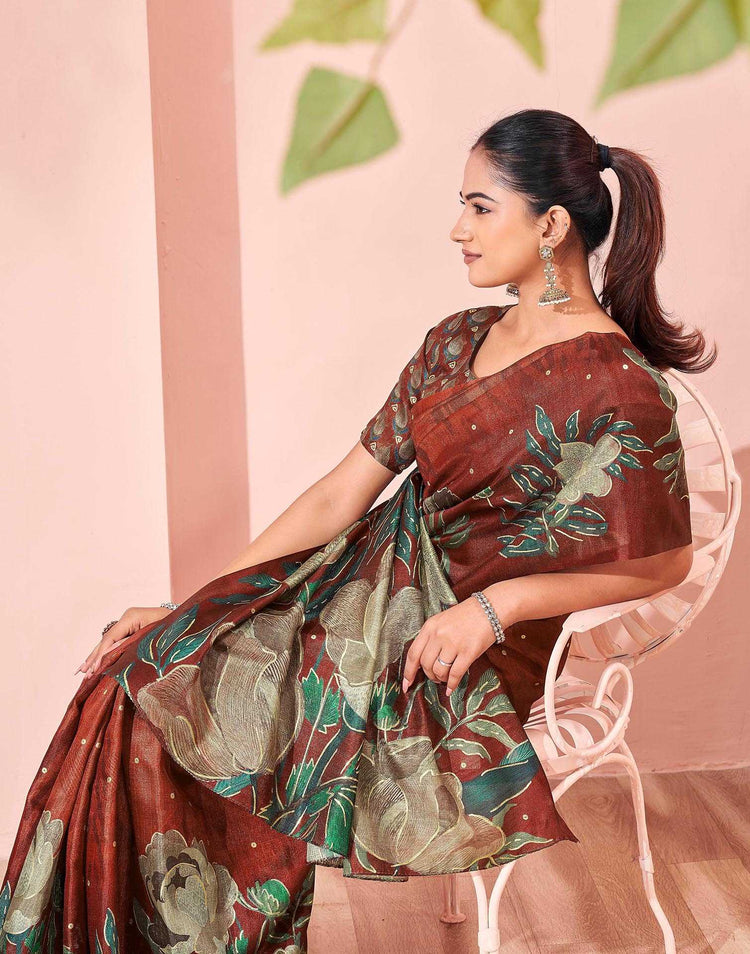 Ready To Wear Maroon Silk Foil Printed Saree