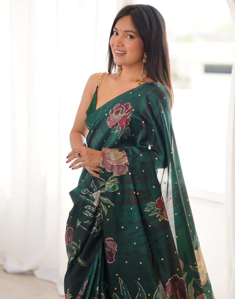 Mouni Roy Green Floral Blossom Ready To Wear Foil Saree